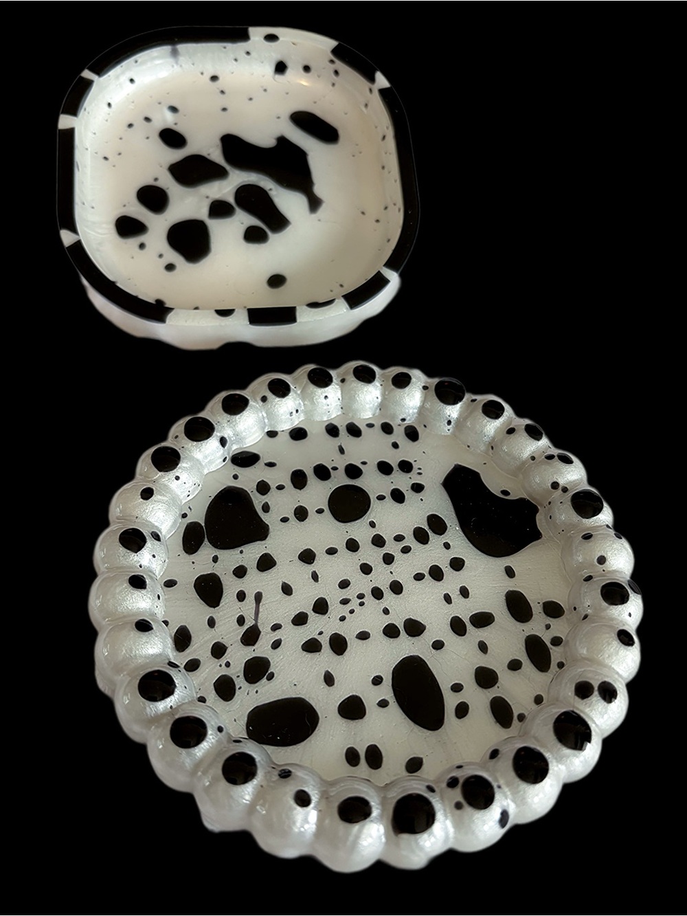 Handmade Resin Coasters / Trinket Trays Black and White Splatter